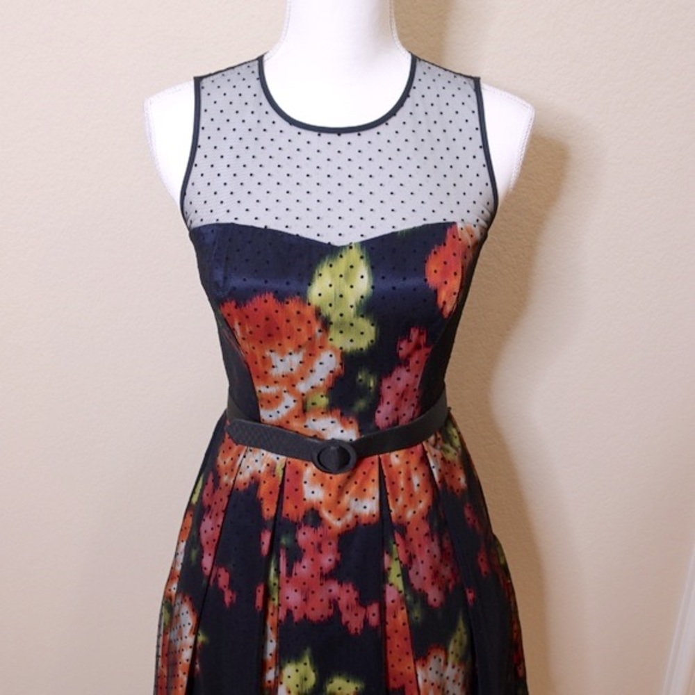 NEW Eliza J Navy Floral Dress with Black Sheer Polka Dot Mesh Ove… - Picture 2 of 16